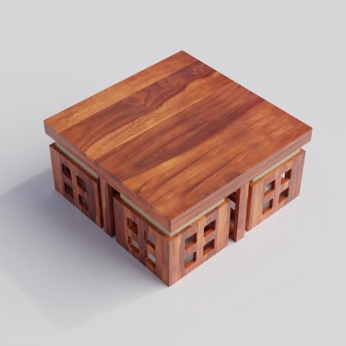 Image of Solid Sheesham Wood Coffee Table with 4 Stool | Center Table with 4 Stools for Living Room | Rosewood Teapoy Table with Cushioned Stool (Square,Honey Finish)