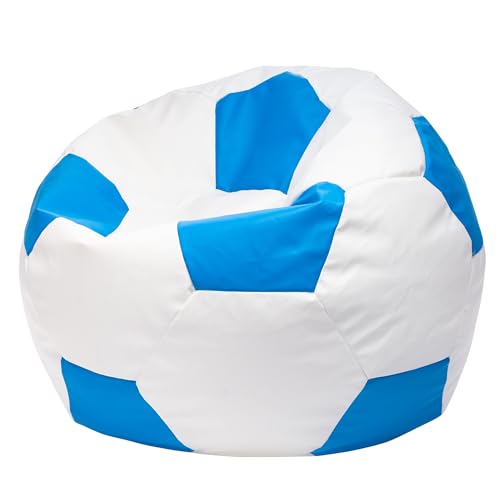 Ecopuf | Puff Fauteuil en Forme de Balle de Football en Simili Cuir Taille L - Pouf avec Rembourrage - Pouf Fauteuil avec Double Zip - Dim 90x55 Celeste E19