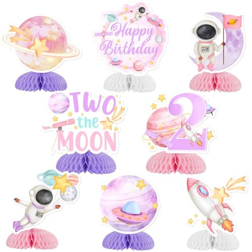 Jollyboom Two The Moon Birthday Decorations Honeycomb Centerpiece, Outer Space Happy Birthday Honeycomb Centerpiece Table Decoration Pink Planet for Girl Galaxy Solar System Space Theme 2nd Birthday