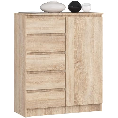 AKORD Kommode K-100 avec 1 Portes et 5 Tiroirs | pour Le Salon Chambre à Coucher | Moderne | Plateau Laminé 16mm | 80 x 35 x 97 cm | Chêne Sonoma & Chêne...