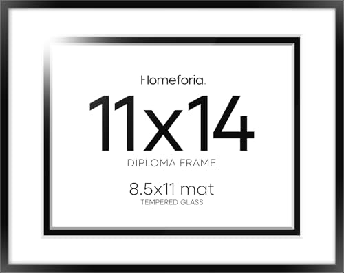 Image of Homeforia 11x14 Diploma Frame Black, High End Metal 11 x 14 Certificate Frame with Mat 8.5 x 11 inch, 14x11 Document Frame Matted to 8.5x11, Award Graduation Frames, Tempered Glass, Wall Kit, Set of 1