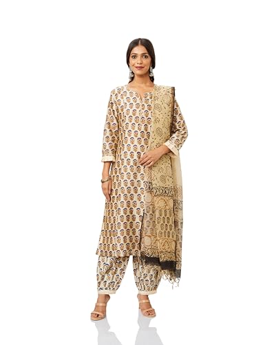 Image of Amazon Brand - Myx Women Silk Chanderi Handblock Printed Authentic Kurta Set with Dupatta (Bagru Print) (Available in Plus Sizes)