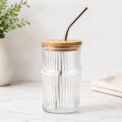 Image of Reusable Glass Coffee Sipper Mugs with Lid & Straw Multipurpose Drinking Glasses Tumbler for Juice Smoothies Iced Tea Home & Travel (Dark Greeen)
