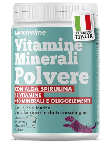MyPetPrime Vitamine per Cani in Polvere | 12 Vitamine + 10 Minerali | per la dieta Casalinga e Barf integra | Integratore con Alga Spirulina | 220g