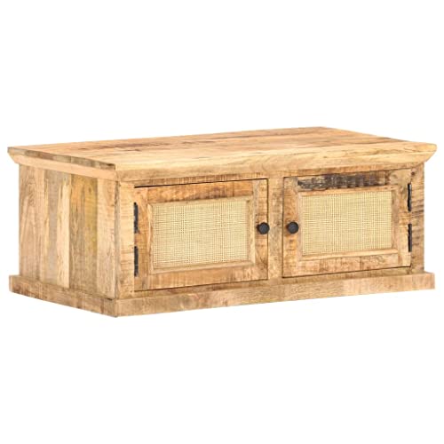 vidaXL Mangoholz Massiv Couchtisch mit 2 Fächern Beistelltisch Wohnzimmertisch Holztisch Kaffeetisch Sofatisch 90x50x35cm Naturgeflecht
