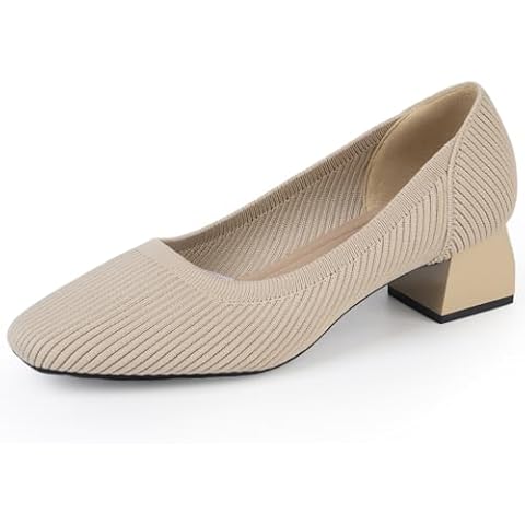 youngshow Women's Pumps, Square Toe Low Block Heels for Women, Closed Toe Heels for Women, Beige Pumps Shoes, Work Shoes with Knit, Size 8 Cover