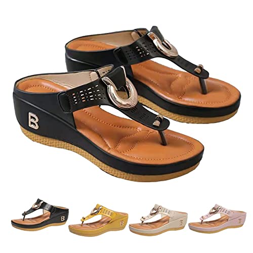 Rome été femmes tongs compensées pantoufles épaisses, confortables femmes talon haut plate-forme compensées tongs sandales de plage, sandales décontractées à plate-forme tong (EU-43,Le noir) Cover