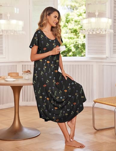 Image of Ekouaer Long Nightgowns for Women with Pockets Short Sleeves Moo Moos for Women Casual Maxi Dress House Dresses S-XXXL