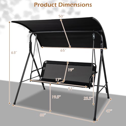 Image of Tangkula 3 Person Porch Swing, Patio Swing with Adjustable Canopy, 800 lbs Heavy-Duty Metal Frame & Breathable Fabric Seat, Outdoor Swing for Backyard Lawn Deck