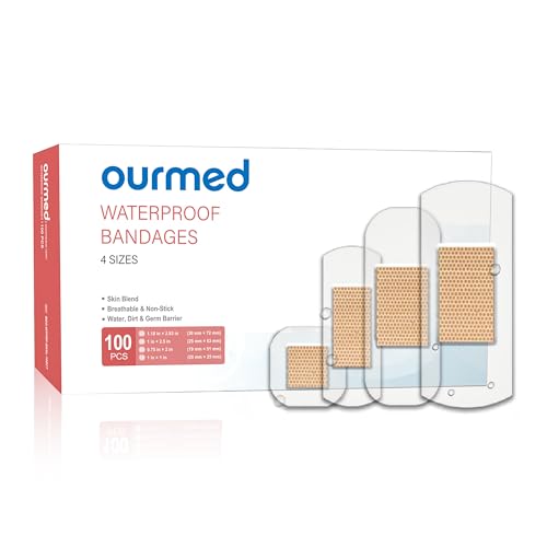 ourmed Waterproof Clear Bandages, Stays On Skin in The Bath, Shower Or Pool, Adhesive Bandages for First-Aid Wound Care of Minor Cuts and Scrapes, Assorted Sizes, 100 Count