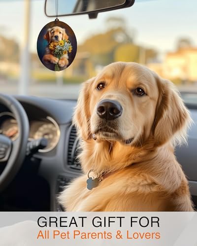 Image of Golden Retriever - Dog Car Air Freshener - Cute Hanging Dog With Flowers Decor Black Ice Scent, Infusible with Your Own Scent, Pet Safe, Non-Toxic, Freshener for Car, Closet, Office Size - 3x4 inch