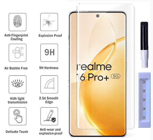 Image of FabekeePremium UV Tempered Glass Screen Protector Guard Compatible For Realme 16 Pro Plus 5G (6.8 Inch, Pack of 1) Full Adhesive UV Curved Case Friendly HD Clarity with easy installation kit