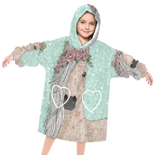 Pardick Wearable Blanket Hoodie for Kids, Flowers Horse Fleece Sweatshirt Blanket Oversized Blanket Sweatshirt with Pocket Flannel Warm Hooded Blanket 6-10 Year Old Girl Boy Gift, One Size
