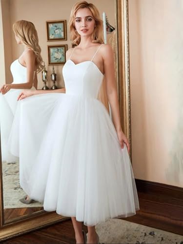 Image of Simple Tulle Short Wedding Dresses for Bride Elegant Spaghetti Straps Tea Length Bridal Shower Dress for Women