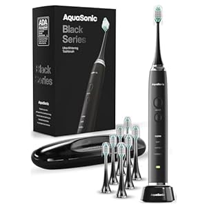 Aquasonic Black Series Ultra Whitening Toothbrush – ADA Accepted Electric Toothbrush- 8 Brush Heads & Travel Case – 40,000 VPM Electric Motor & Wireless Charging – 4 Modes w Smart Timer