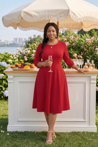 Image of Runwind Women's Plus Size Midi Dress Classy High Waist Wedding Guest Dress Casual Crew Neck 3 /4 Sleeve A-Line Swing Dresses