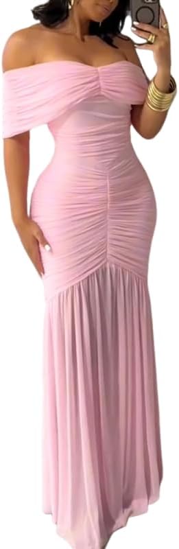 Women's Formal Dress Off Shoulder Cinched Waist Ruched Slim Fit Dress Mermaid Hem Maxi Cocktail Party Dresses
