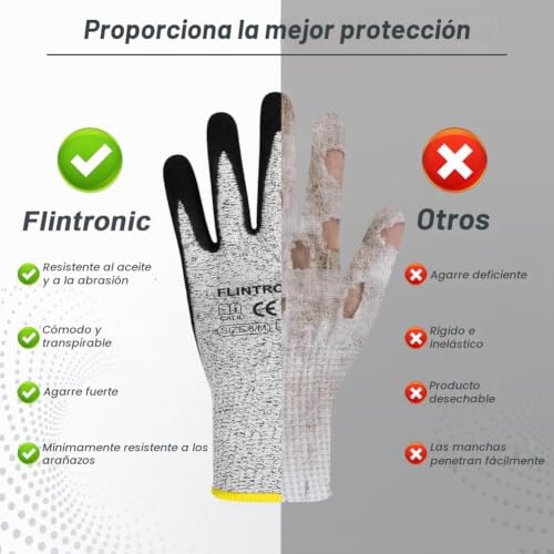 Miniatura 3 de Flintronic Guantes Anticorte 1 Par , Nivel 5 Guantes Resistentes Al Corte, Recubrimiento De Espuma Duradero De Nitrilo, Guantes Anticortes Policiales, Para Cuchillos, Tallar Madera, Gris S