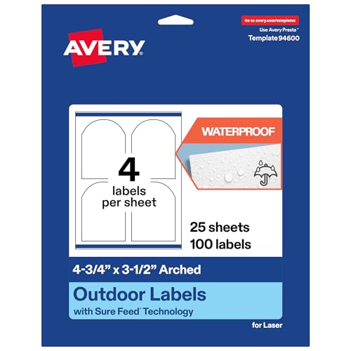 Avery Outdoor Waterproof Arched Labels with Sure Feed Technology, 4.75" x 3.5", White Film, Print-to-the-Edge, Compatible with Laser Printers, 100 Labels Total by Avery - Used condition - US$11.40