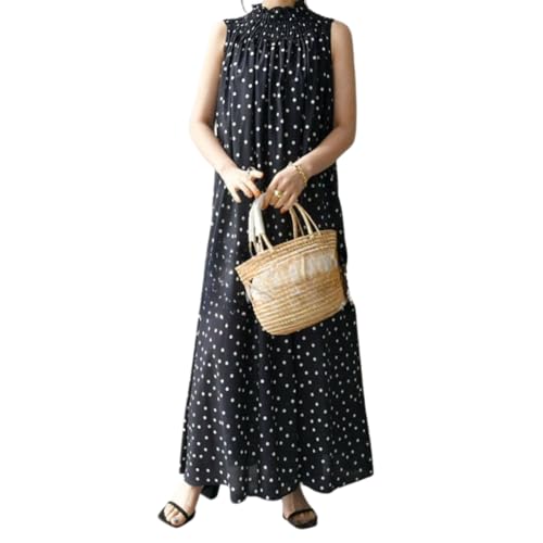 [UQQA] ドット柄 ワンピース レディース 夏 ノースリーブ ロング丈 カジュアル 上品 大人 涼しい 50代 エレガント フレア ふんわり かわいい ハイネック ナチュラル Mのサムネイル