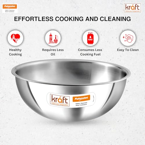 Image of Kraft Futuretec Triply Stainless Steel Cookware Tasla - 3.3 Litre, 24cm / 2.5 mm Thick / Extra Deep Tasla for deep frying / Induction Bottom, Gas Base / 5 Years Warranty