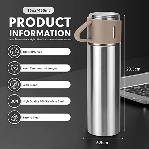 Coffee Thermos Stainless Steel Vacuum-Insulated Water Bottle, 500Ml/16.9Oz Insulated Bottle With Cup For Hot & Cold Drink Travel Mug (Brown, One Cup) #TOP3