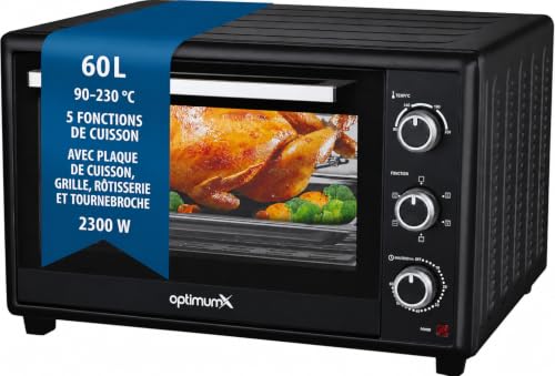 OptimumX Four Électrique 60L XXL à Chaleur Tournante, 2200W, Tournebroche, Lumière Intérieure, 40–230°C, Noir