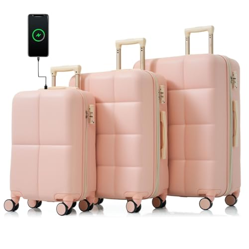 Luggage Set of 3, 20-inch with Usb Port, Airline Certified Carry-on Luggage with Cup Holder, Abs Hard Shell Luggage with Spinner Wheels, Pink