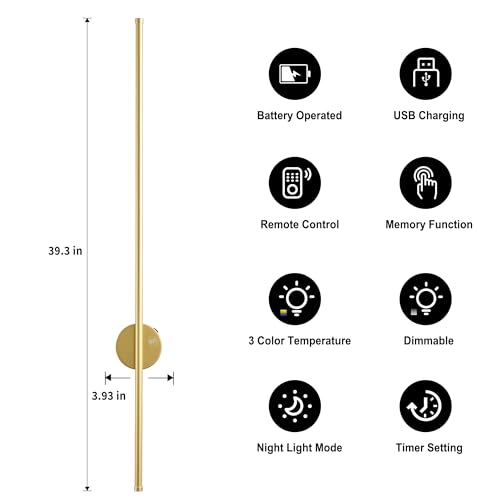 Image of KARTOOSH Gold Battery Operated Wall Sconce Set of Two with Motion Sensor | Rechargeable Wireless Wall Lights with Remote Control, Dimmable, 3000K /4000K /6000K, Timer for Living Room, Hallway,39.3 Inch