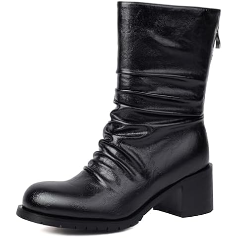 XIANGZU Mid Calf Boot for Women Low Chunky Block Heel Boots Round Toe Slouch Boots (7, Black) Cover