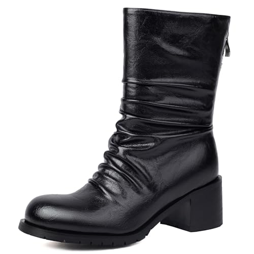 Mid Calf Boot for Women Low Chunky Block Heel Boots Round Toe Slouch Boots