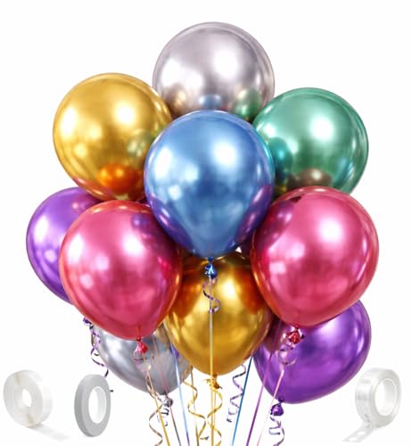 Chrome Metallic Balloons 12 Inch 100 Pack Assorted Multicolor Latex Balloons for Balloon Arch Birthday Party Baby Shower Wedding Decorations with Ribbon & Glue Dots