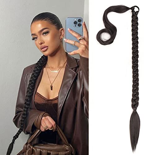 QKEPCY Queue de Cheval Extension, 80cm Postiche Cheveux Tressage Extensions Extension de Cheveux Longue Droit Naturel Postiche Synthétique Ponytail Extension (Brun Noir) Cover