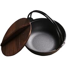 2 Sizes Cast Iron Sukiyaki Pot Japanese Style Shabu Pot Hot Pot Pan with Wooden Lid and Double Handle for Home Camping Picnic, Black, 27cm,27cm