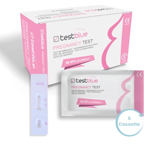 TestBlue Test de Embarazo en Formato Cassette (pack de 5) – Prueba de Embarazo de Alta Sensibilidad hCG 99,98% Precisa | Detección Temprana y Resultado Rápido | Test Fiable y Fácil de Usar en Casa
