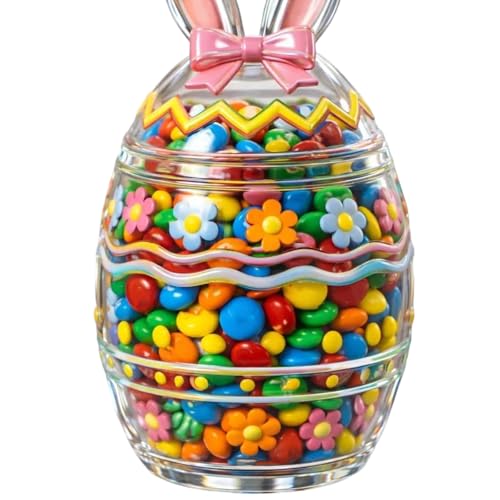 Kelisdi Tarro decorativo de cristal transparente con tapa para golosinas de Pascua, galletas, chocolate y alimentos secos, decoración de mesa de Pascua