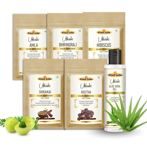 Image of Khadi Amla Bhringraj Shikakai Reetha Hibiscus Hair Powder with Aloe Vera Gel Combo for Hair Growth, Hair Fall Control & Dandruff Removal | 100% Natural Herbal Hair Care Kit - 600ML (Pack of 6)
