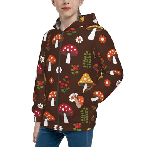 Woodland Mushroom with Flowers and Berries Kid Hoodies Boys Zip Up Sweatshirts Girls Pullover with Pocket