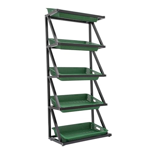 RocoReny 5 Tier Retail Display Shelves with 5 Baskets, Standing Organizer Shelf Units Metal Holders Storage Rack, Freestanding Display Stand for Office Pantry Kitchen, 25.6 * 13.8 * 59in (Green)