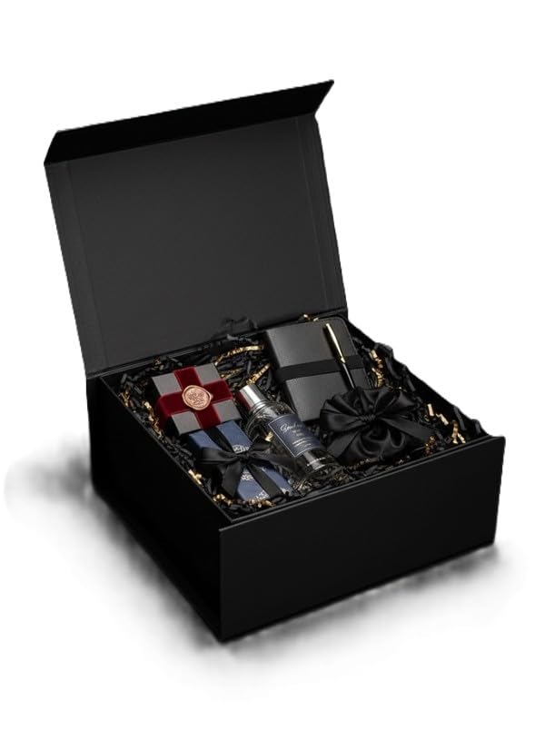 Image of Awestuffs Premium Black Gift Boxes with Red Ribbon, Decorative Gift Packaging Boxes (23 x 16 x 10 cm) for Hampers, Return Gifts, Weddings, Birthdays & Corporate Gifts (Pack of 6)