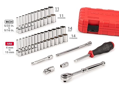 Image of TEKTON 1 /4 Inch Drive 6-Point Socket and Ratchet Set with Case, 56-Piece (5 /32-9 /16 in., 4-15 mm) | SKT05303 (Pack of 6)
