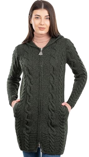 SAOL 100% Merino Wool Aran Cable Knit Hooded Zip Cardigan Irish Coat