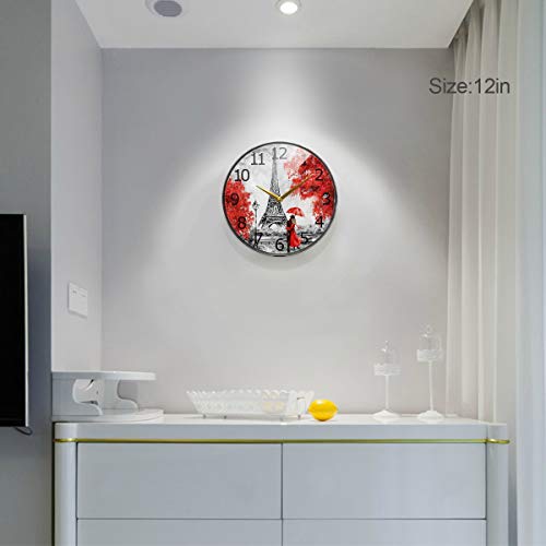 Alaza Oil Painting Paris European Eiffel Tower Red Tree Acrylic Painted Silent Non-Ticking Round Wall Clock, 12 Inch Battery Operated Quiet Bathroom Clock For Living Room Bedroom Kitchen Decor #TOP6