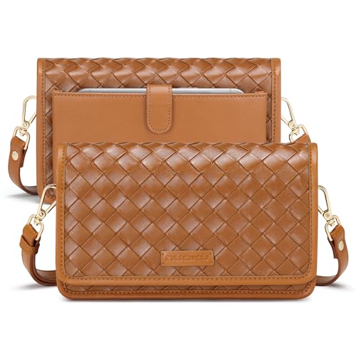 nuoku Women's Striped Leather Crossbody Purse - Small Cell Phone Bag with 11 Card Slots, Phone Pocket & Organized Pockets Brown