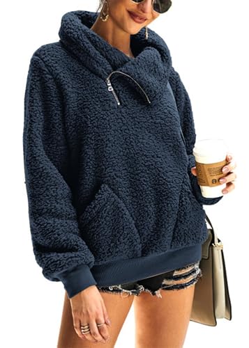 KIRUNDO Sherpa Pullover Womens Fleece Zip Sweatshirt Fall(Dark Blue, M) - image 1