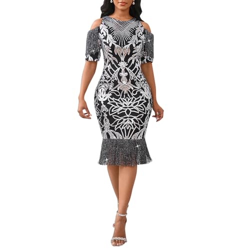 Image of Cololura Sexy Elegant Women Sequin Long Sleeve Tassel Bodycon Midi Dress Party Evening Gown Formal Dress