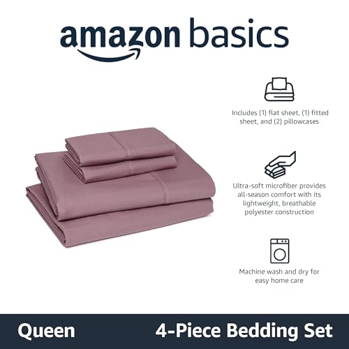 Image of Amazon Basics Lightweight Breathable Microfiber 4-Piece Bed Sheet Set, Queen, Rose, Solid