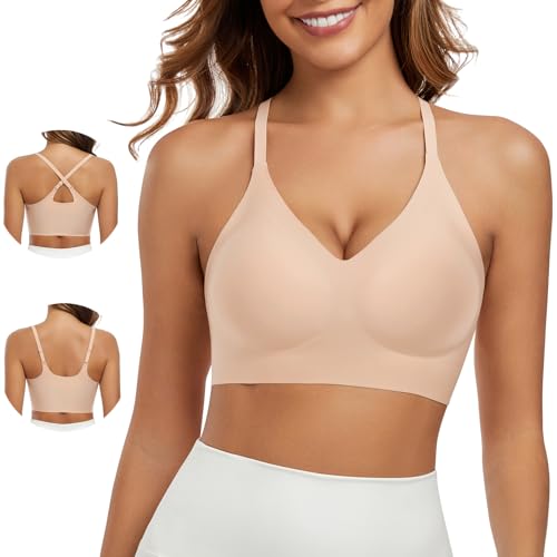 Comfortable Seamless Wireless Racerback Cross Back Pull on Bra V Neck Cami Bralette with Support Sport Everyday Bra