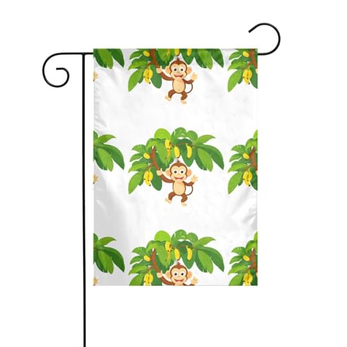 WHJDPP Banderas de jardín con estampado de monos que recogen plátanos en un árbol de 30,5 x 45,7 cm para decoración de patio con 3 cm de ancho de posición de poste (solo bandera, no incluye mástil)