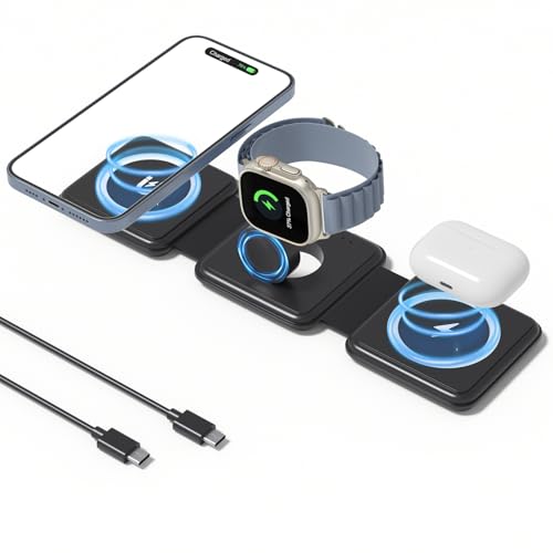 3 in 1 Charging Station for Apple Devices, Foldable Charger for iPhone, Wireless Charger for Multiple Devices, Travel Charging Pad for iPhone 16 15 14 13 12 Pro Max Plus Apple Watch (Black)